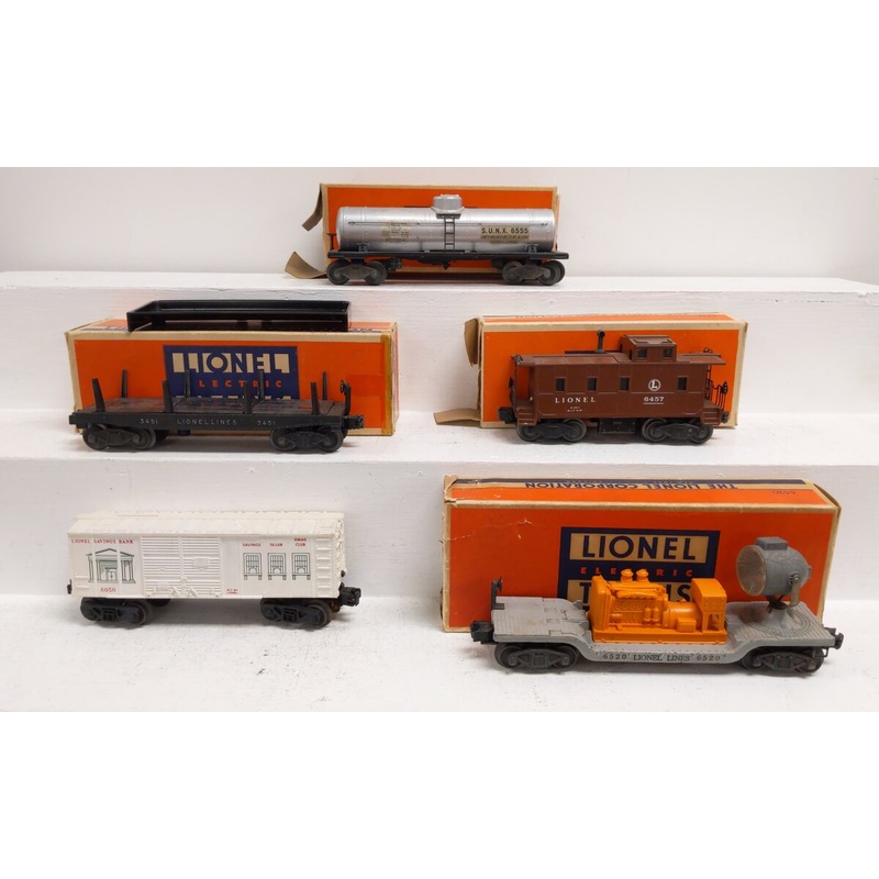 Lionel Vintage O Assorted Freight Cars: 6520, 3451, 6050, 6457, 6555 [5] VG