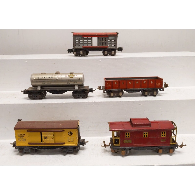 Lionel O Vintage Prewar Freight Cars: 2680, 655, 657, 2656, 1677 [5] VG