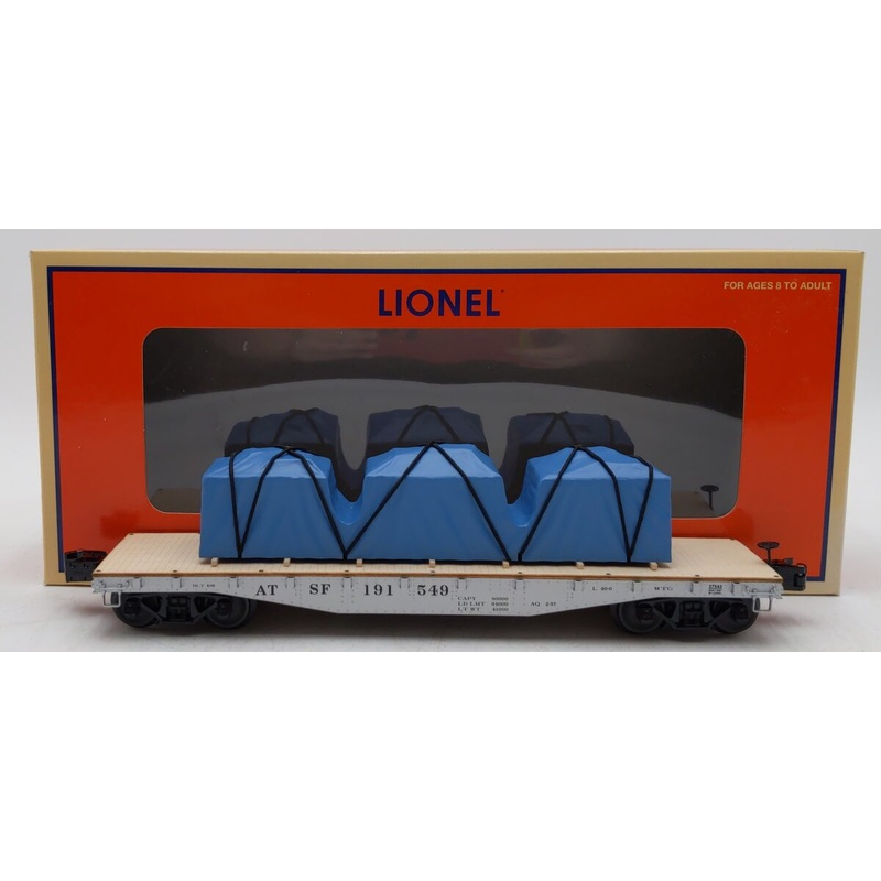 Lionel 6-27543 O Gauge Santa Fe 40′ Flatcar with Covered Loads NIB