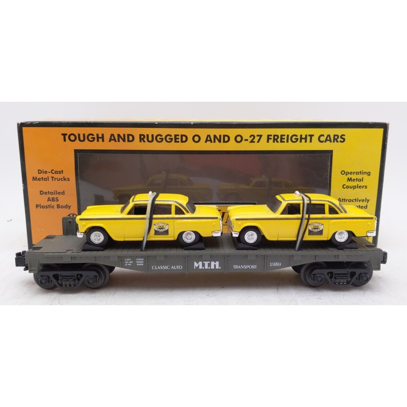MTH 30-7625 O Gauge MTH Auto Transport Flatcar w/ Ertl Checker Cabs #1959 VG/Box