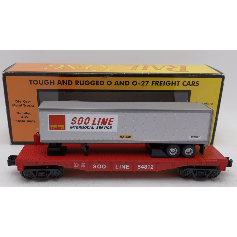 MTH 30-76446  O Gauge SOO Line RailKing Flat Car w/40′ Trailer LN/Box