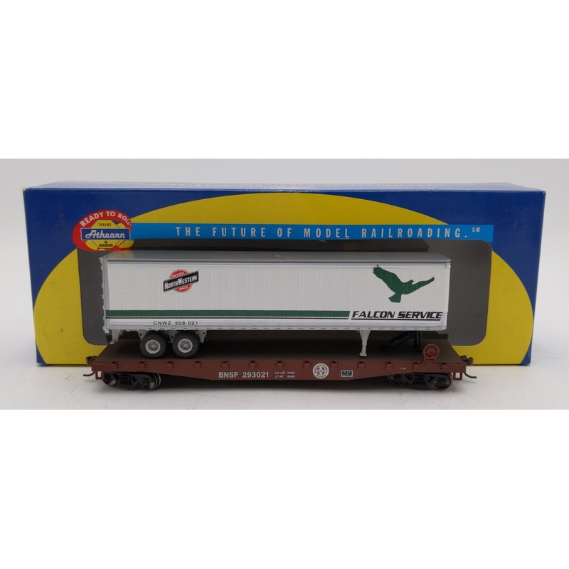 Athearn 92053 HO Burlington Northern Santa Fe 50′ Flatcar w/ 45′ Trailer #293021 NIB