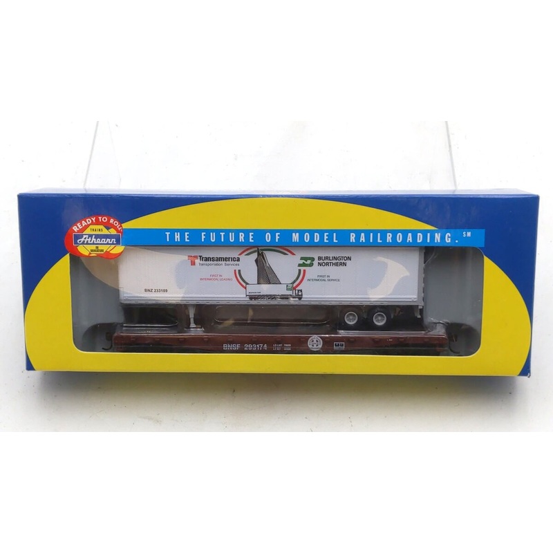 Athearn 92054 HO Burlington Northern Santa Fe 50′ Flatcar w/ 45′ Trailer #293174 NIB