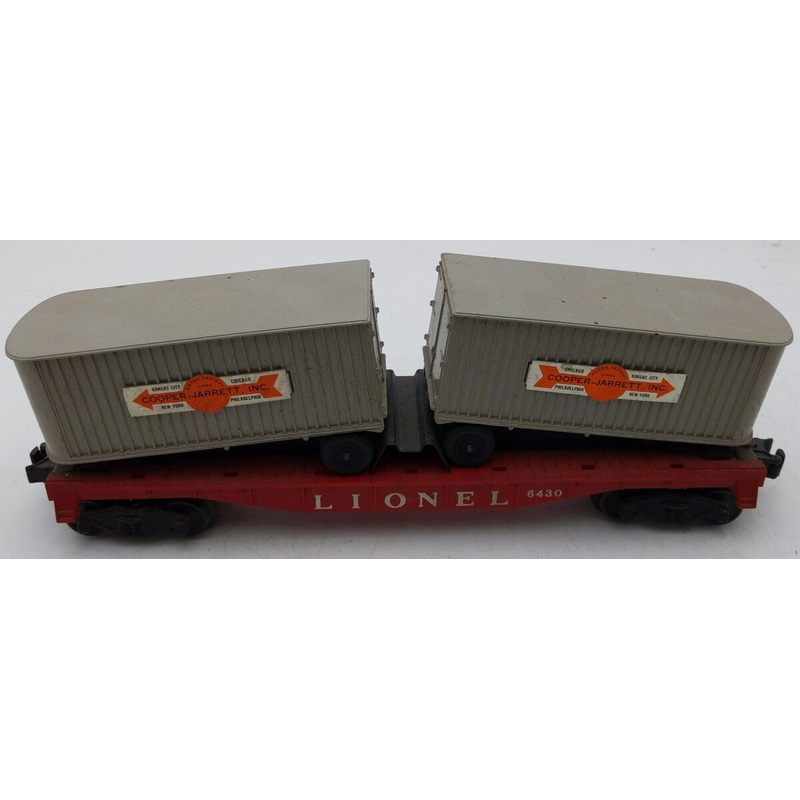 Lionel 6430 Vintage O Flatcar with 2 Gray Cooper Jarrett Trailer Vans EX