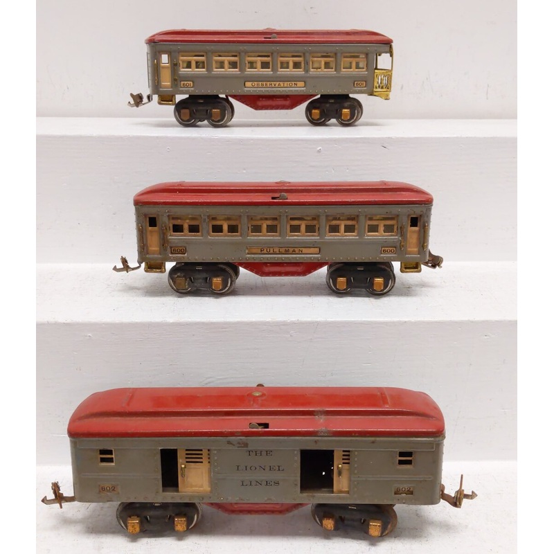 Lionel O Vintage Tinplate Assorted Passenger Cars: 600, 601, 502 [3] VG