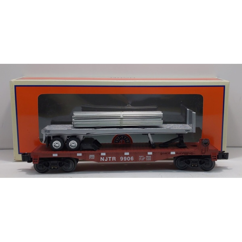 Lionel 6-26690 New Jersey Transit Flatcar with Metal Rails and Flatbed Trailer EX/Box