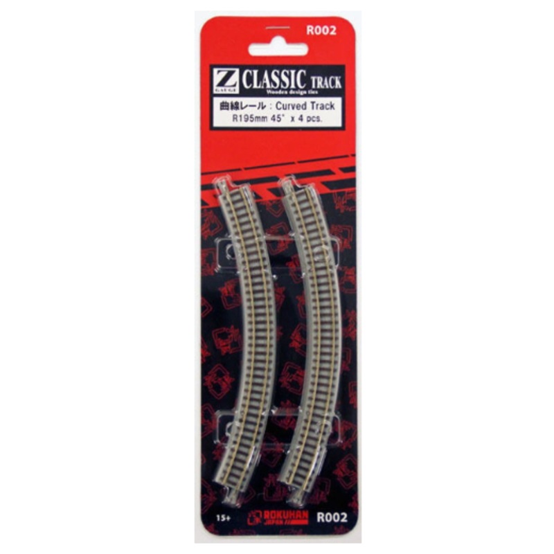 Rokuhan R002 Z Gauge Curved Track R195mm 45 Degree w/Wooden Design Ties (4 Pack)