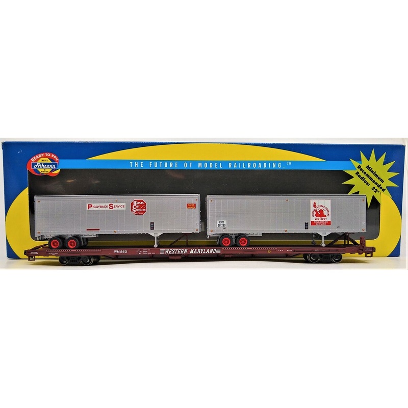 Athearn 92609 HO Scale Western Maryland 85′ Flat Car W/ 2-40′ Trailers #860 EX/Box