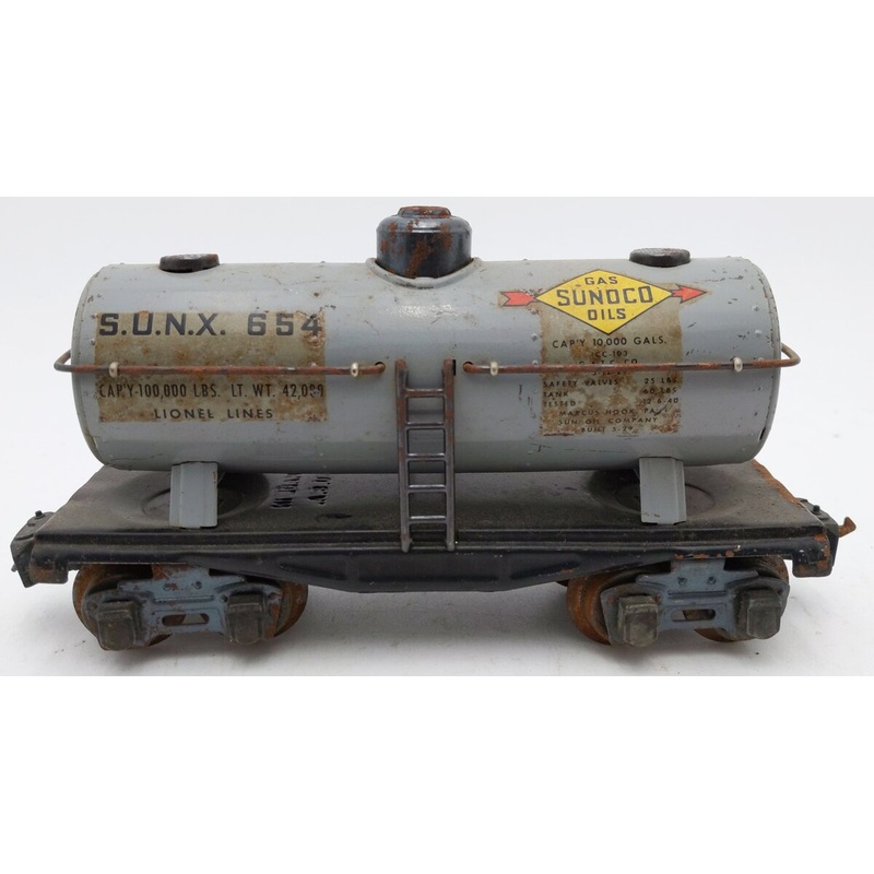 Lionel 654 Vintage O Prewar Gray Sunoco Tank Car VG