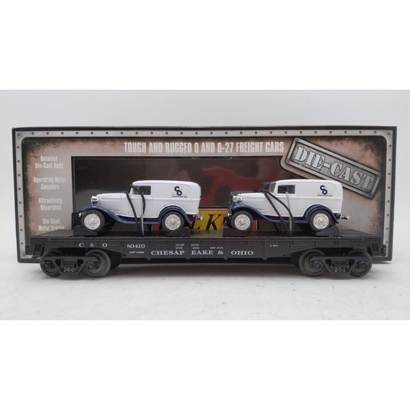 MTH 30-8304 O Chesapeake & Ohio Die-Cast Flatcar w/ 1932 Ertl Panel Vans #80410 EX/Box
