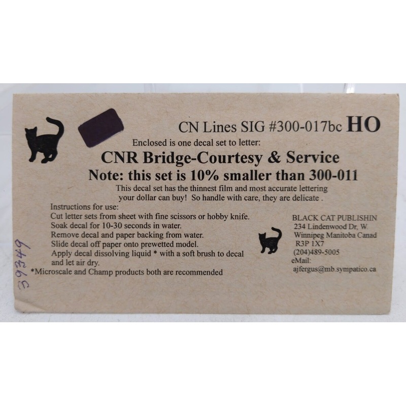 Black Cat 300-017bc HO Scale CNR Bridge-Courtesy & Service Decal Set