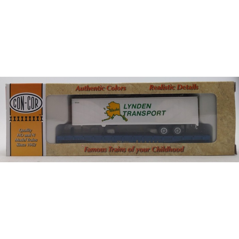 Con-Cor 0001-009424 HO Scale 54′ Alaska RR Flatcar Kit w/ 45′ Lynden Trailer LN/Box