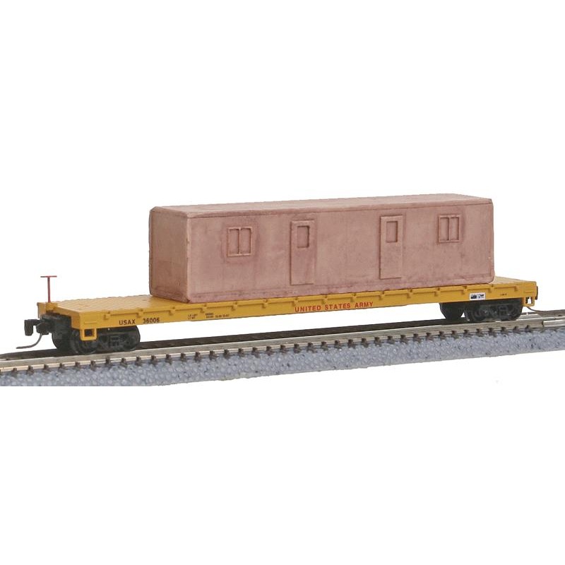 Micro-Trains 52400061 60′ Steel Flatcar w/Containerized Housing Unit Load RTR LN/Box