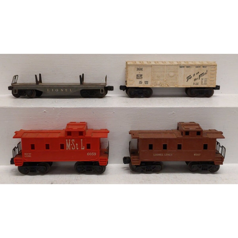 Lionel Vintage O Assorted Freight Cars: 6014, 6017, 6059, 6121 [4] VG