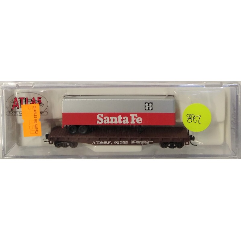 Atlas 37752 N Scale Santa Fe Piggyback Flat with 40′ Trailer #92755 LN/Box