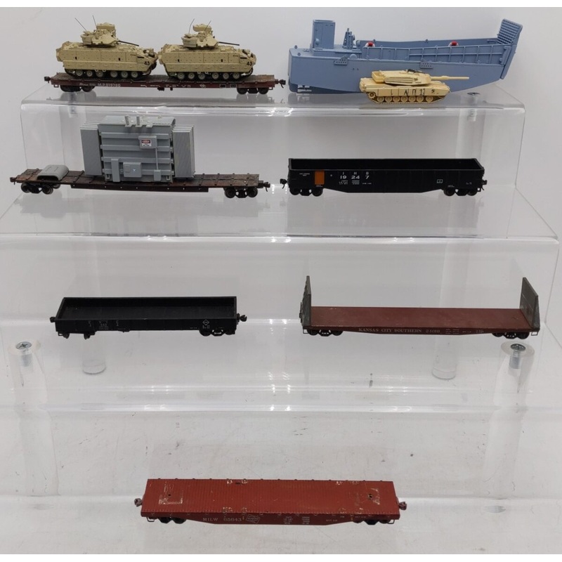 HO Scale Assorted Freight Cars & Army Tank Boat [7] VG