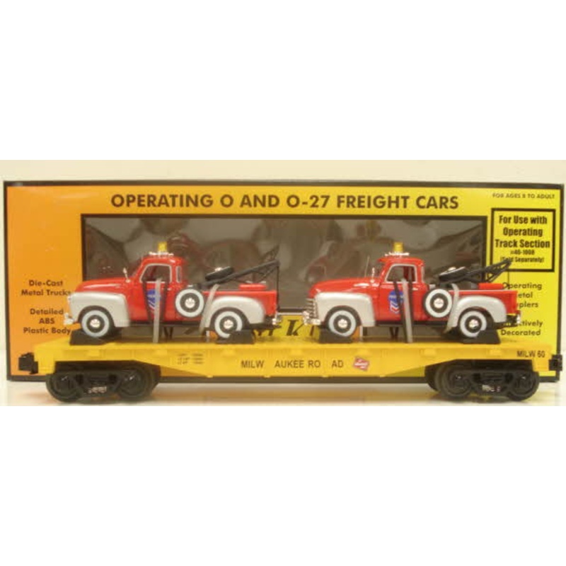 MTH 30-76122 O Gauge Milwaukee Road Flatcar With 2 Chevy Tow Trucks #60 LN/Box