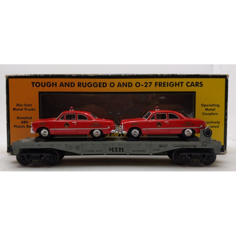 MTH 30-7623 O Gauge MTH Auto Transport Flatcar with 2 Ertl Fire Cars EX/Box