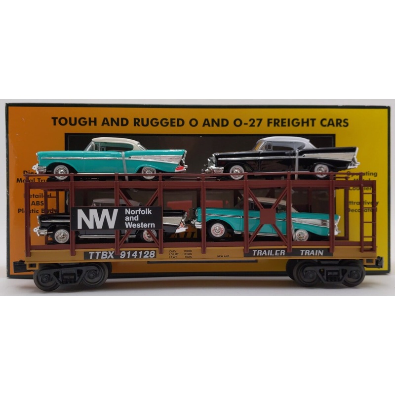MTH 30-76726 O N&W Auto Carrier w/’57 Chevys EX/Box