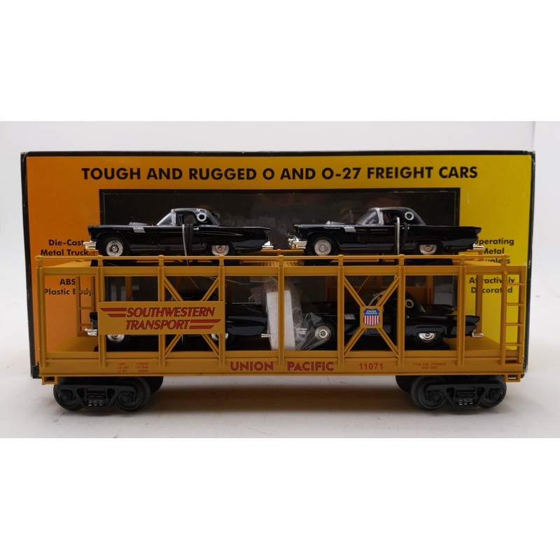MTH 30-7674 O Gauge UP Southwestern Transport Auto Carrier W/Ertl T-Birds #11071 LN/Box