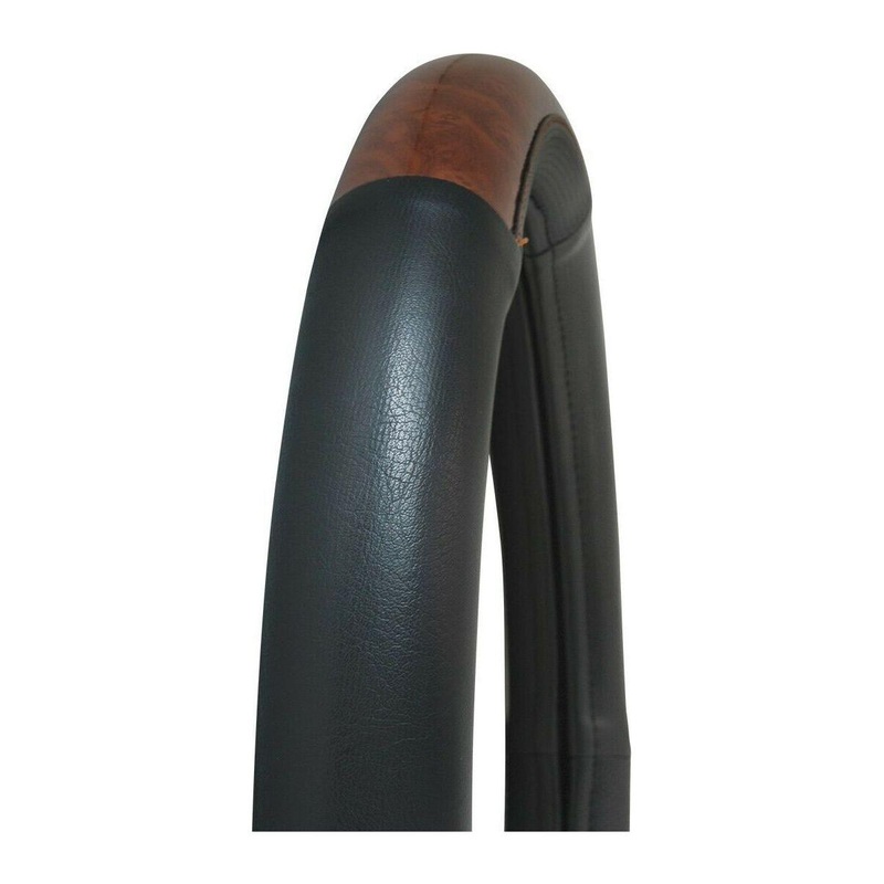 54006 18 inch universal steering wheel cover truck semi black leather dark wood 54006
