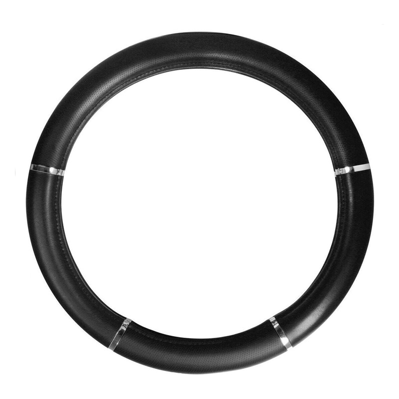 54012 truck universal steering wheel cover 18 inch black leather & chrome trims 54012