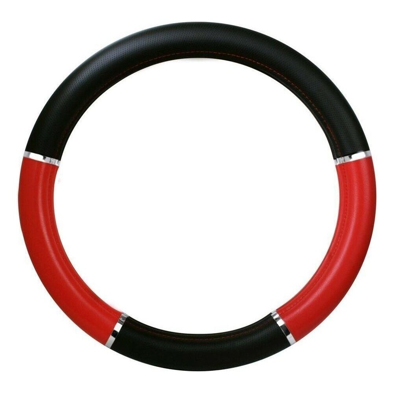 54014 semi steering wheel cover truck universal black leather red chrome accents 54014