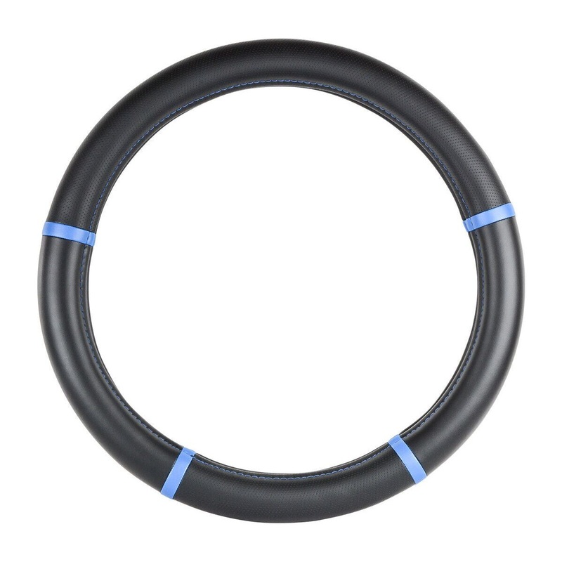 54033 truck universal steering wheel cover 18 inch black leather w/blue trim 54033
