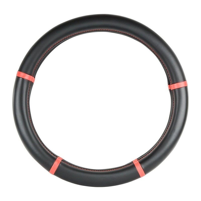 54034 truck universal steering wheel cover 18 inch black leather w/red trim 54034 new