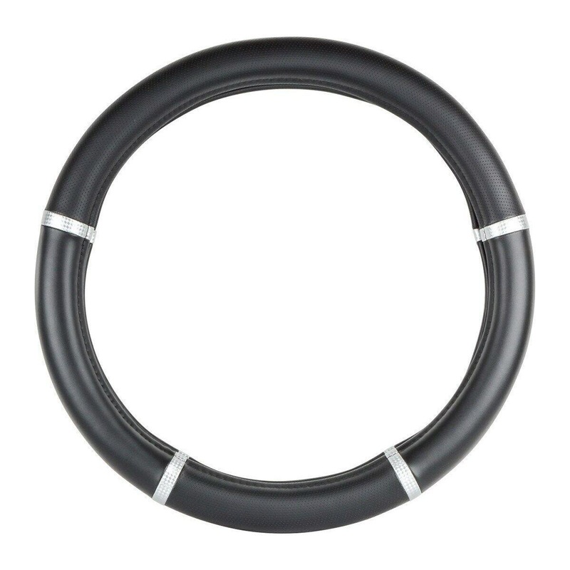 universal steering wheel cover 18 inch black leather w/carbon fiber trim 54035