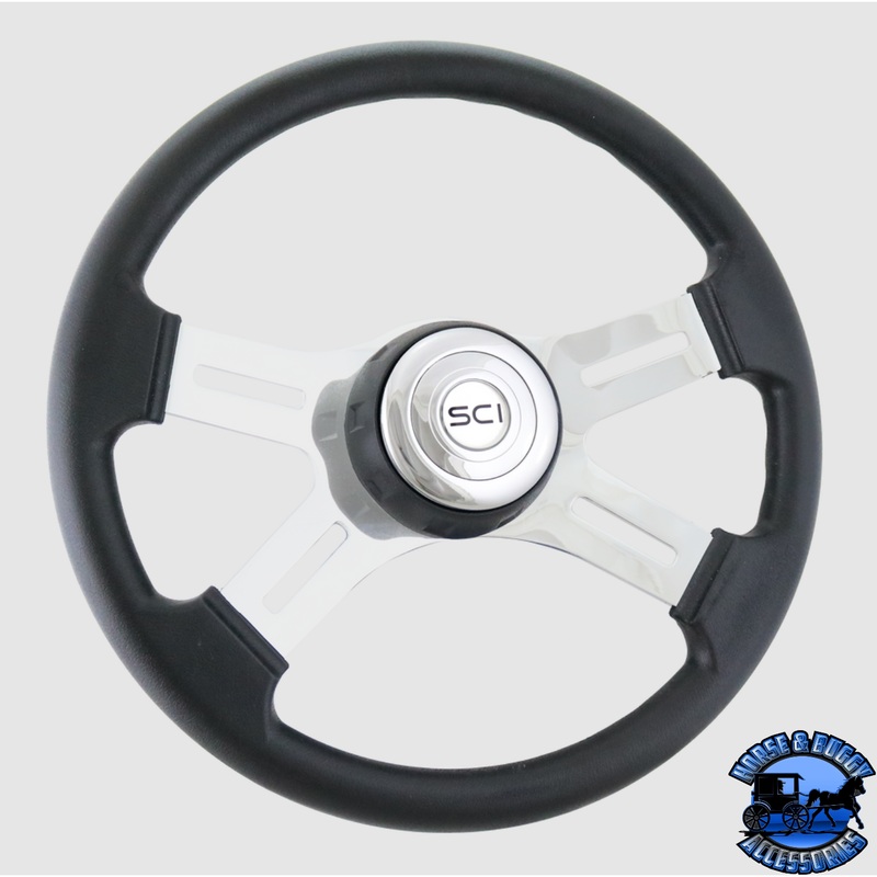 180-3015-77502 Steering Creations 16 Polyurethane Rim, Chrome 4-Spoke w/Slot Cut Outs, Black Textured Bezel Wheel