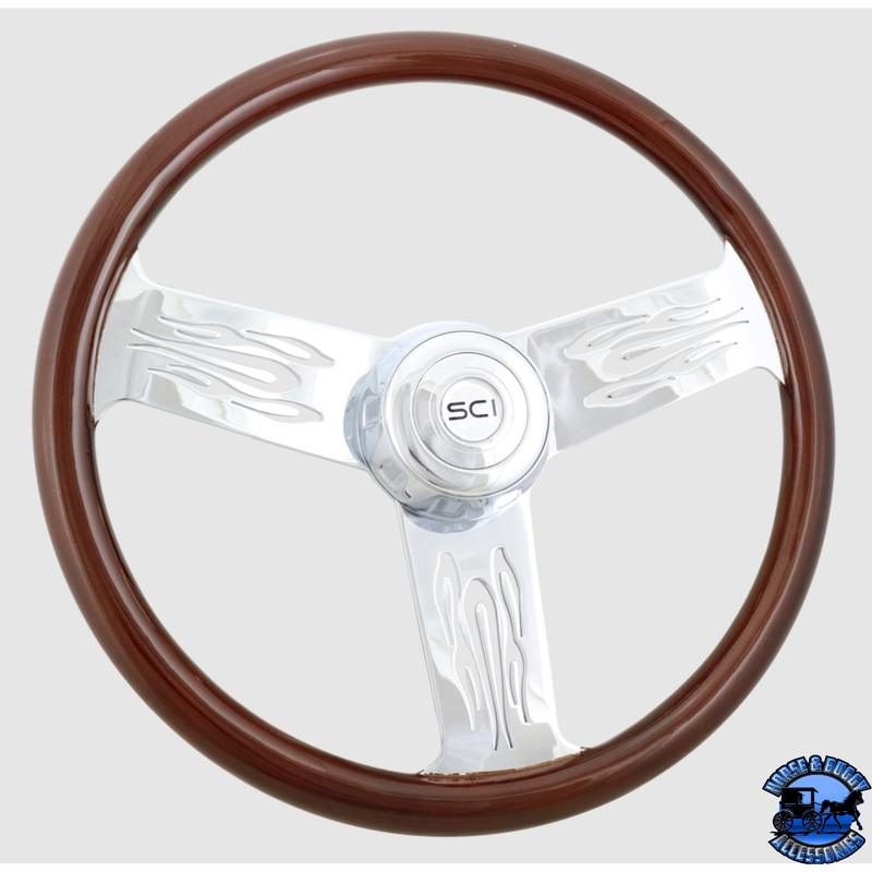 278-3003-77502 Steering Creations Flames Mahogany 18 Wood Rim Chrome 3-Spoke w/Flame Cut Outs Wheel