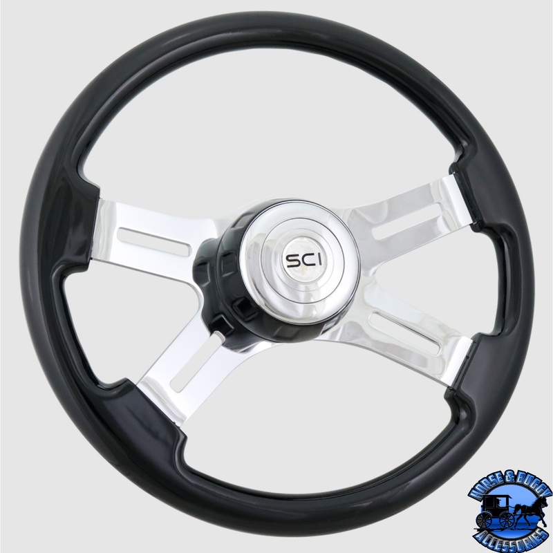 501-3090-77502 Steering Creations 16 Classic Black Painted Wood Rim, Chrome 4-Spoke w/Slot Cut Outs, Black Bezel Wheel