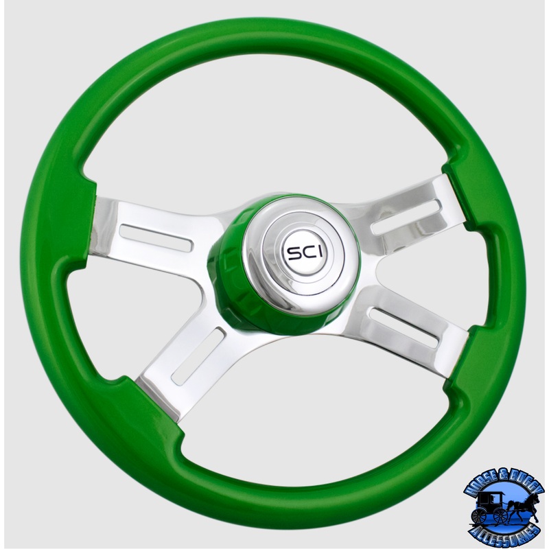 505-3077-77502 Steering Creations 16 Classic Green Painted Wood Rim, Chrome 4-Spoke w/Slot Cut Outs, Green Bezel Wheel