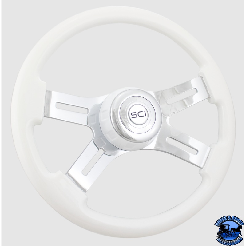 544-3085-77502 Steering Creations 16 Classic White Painted Wood Rim, Chrome 4-Spoke w/Slot Cut Outs, White Bezel Wheel