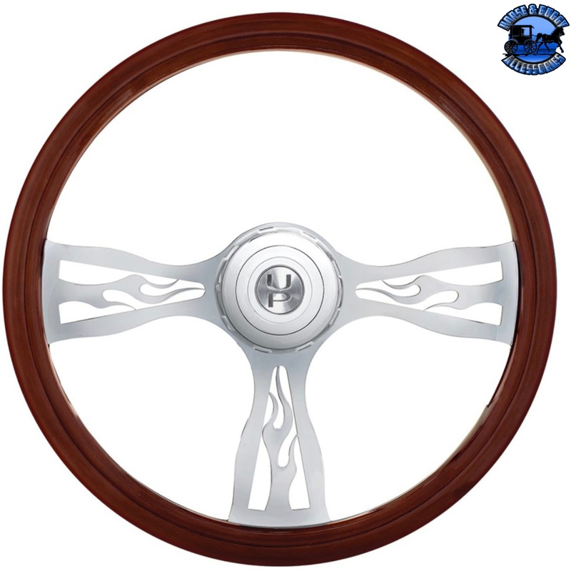18 FLAME STYLE WOOD STEERING WHEEL WITH HUB & HORN BUTTON KIT FOR PETERBILT (2006+) & KENWORTH (2003+) #88180