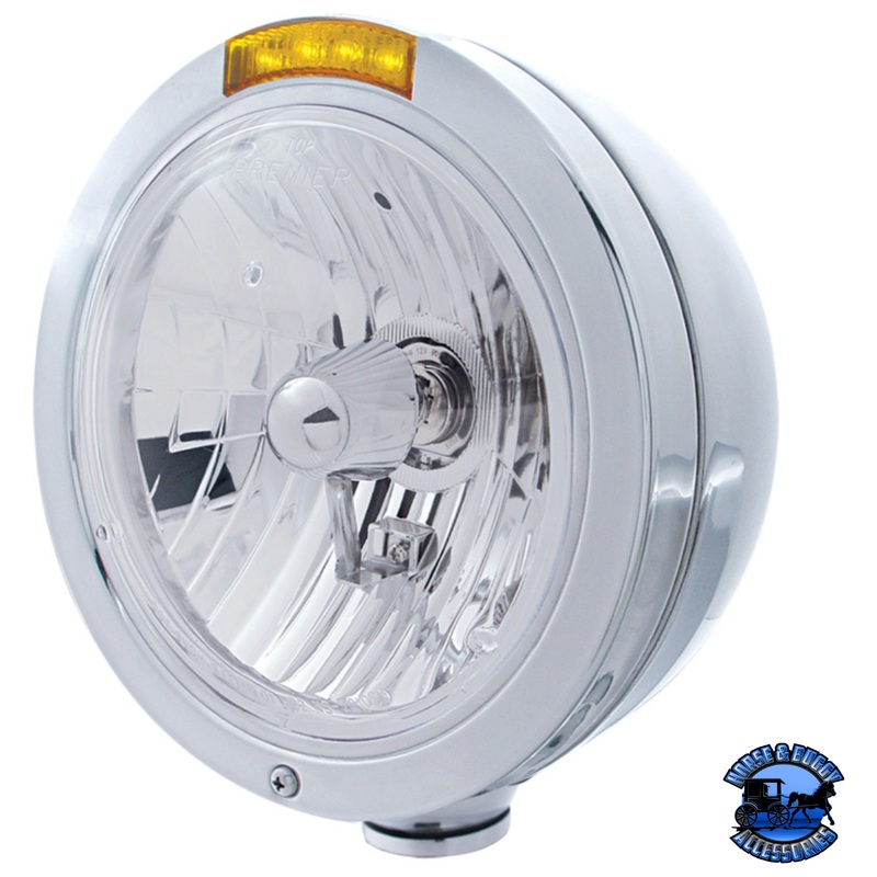 STAINLESS STEEL BULLET CLASSIC HEADLIGHT ASSEMBLY WITH CRYSTAL H4 BULB & LED TURN SIGNAL (Choose Color)