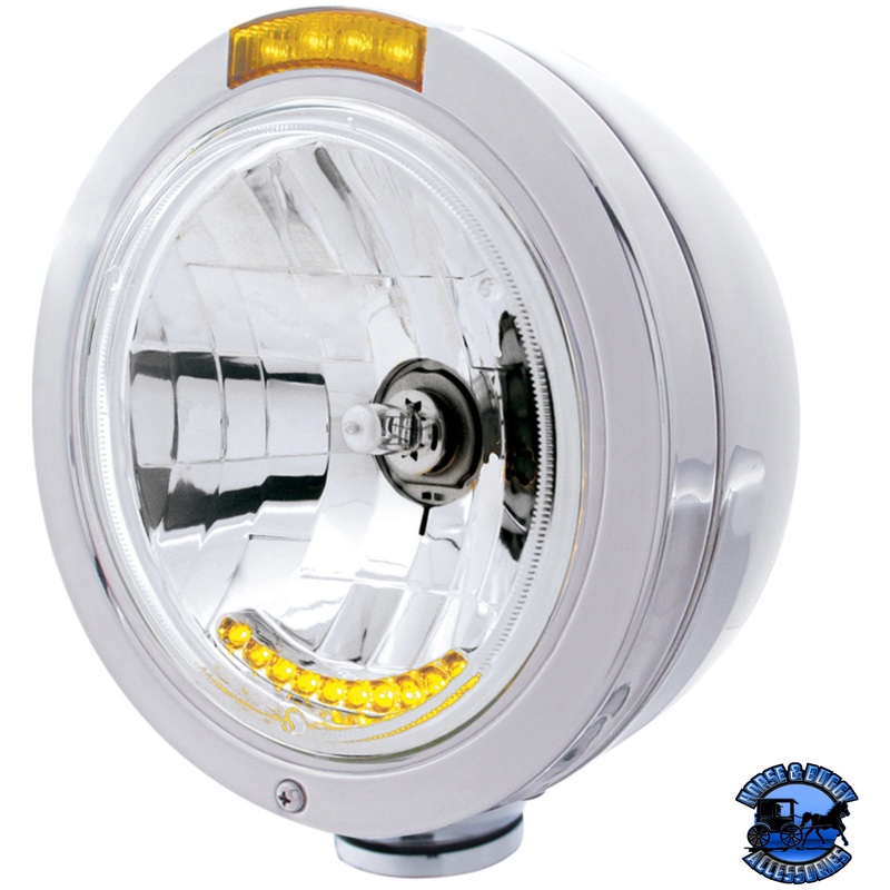 STAINLESS STEEL BULLET CLASSIC HEADLIGHT H4 WITH 10 AMBER LED & LED TURN SIGNAL (Choose Mode) (Choose Color)