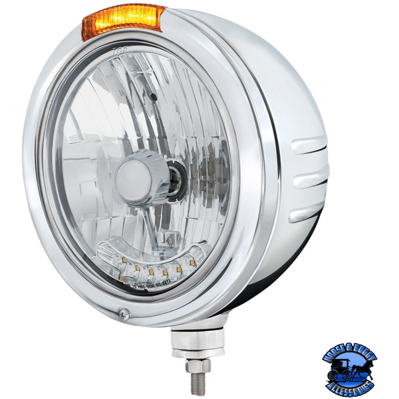 STAINLESS STEEL BULLET EMBOSSED STRIPE HEADLIGHT H4 WITH 6 AMBER LEDS & DUAL MODE LED SIGNAL (Choose Color)