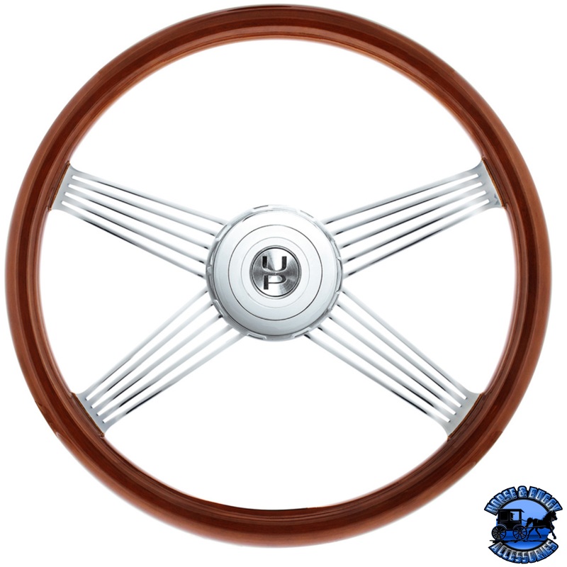 18 CHROME 4 SPOKE WITH WIRE CUTOUT STEERING WHEEL WITH HORN BEZEL & BUTTON-WOOD GRAIN #88118