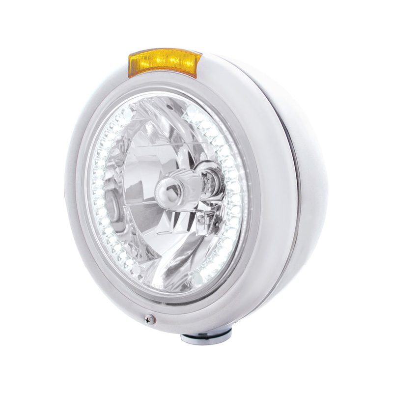 #32476 Stainless Steel Classic Headlight H4 With 34 White LED & Signal – Amber Lens