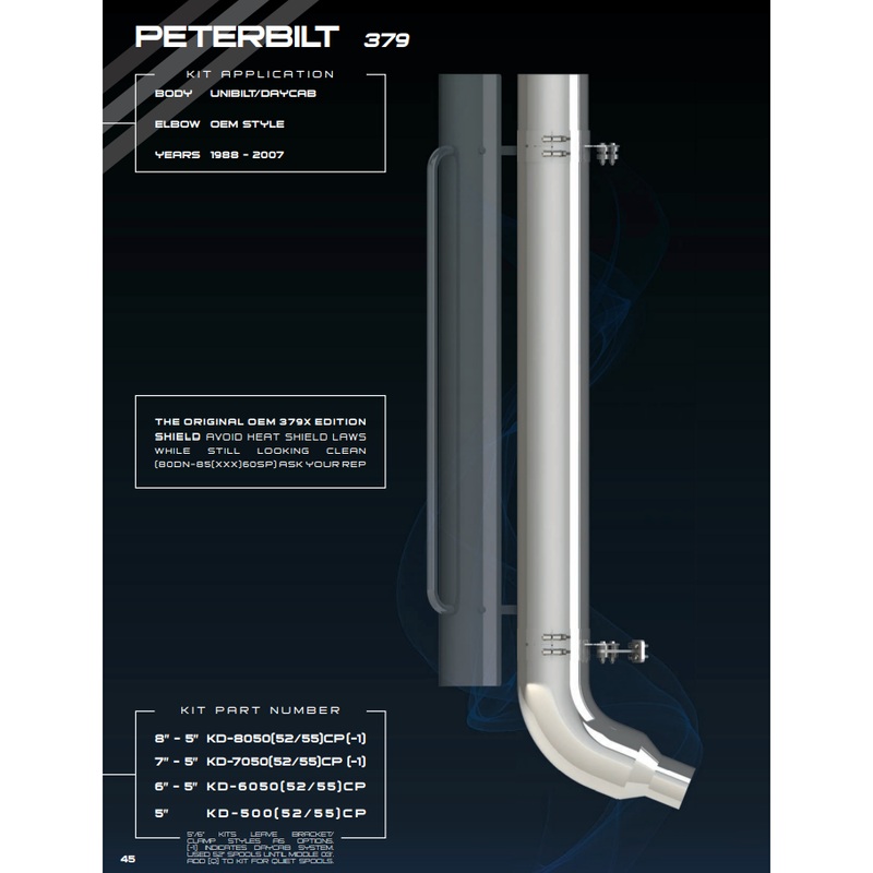 DP-KD-605052CP 6” REDUCED TO 5” PETE 379 EXHAUST KIT W/FACTORY STYLE ELBOW; 52” SPOOL