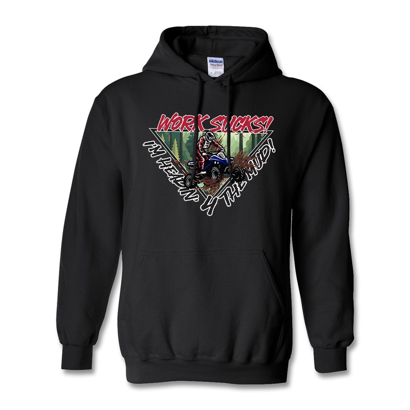 Work Sucks Quad Hoodie|Black|Dark Heather|Red|Youth Small|Youth Medium|Youth Large|Small|Medium|Large|X-Large|2X-Large|3X-Large|4X-Large