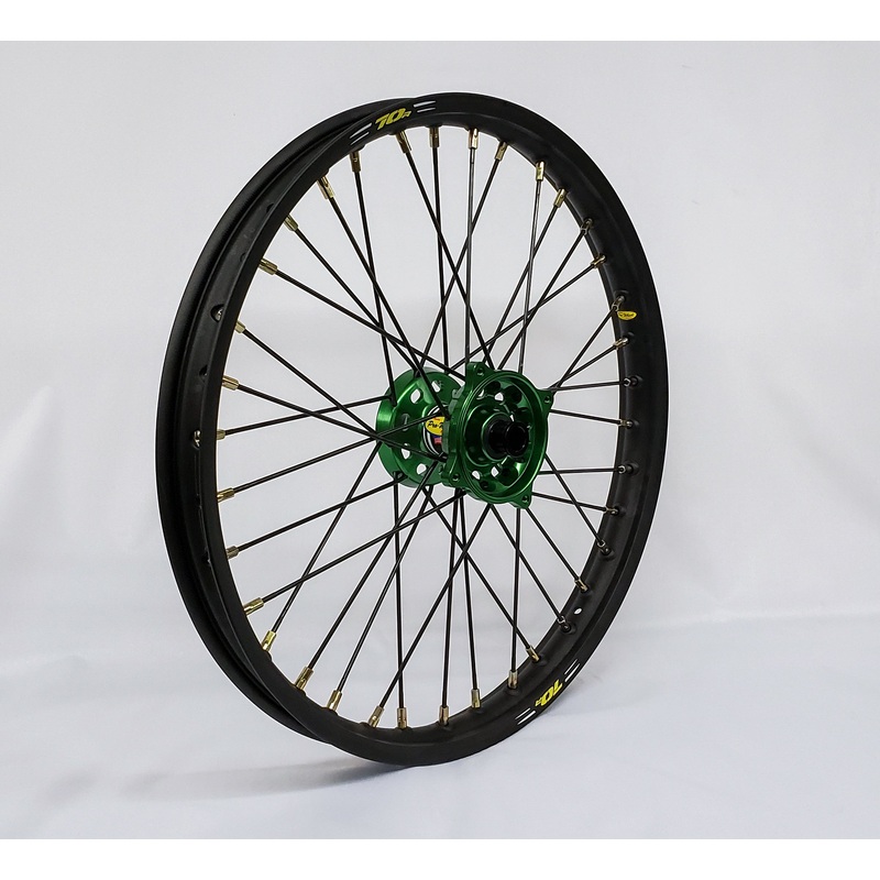 Wheel Front 1.60×21 Green Hub Blk Rim/Blk Spoke/Gld Nipple